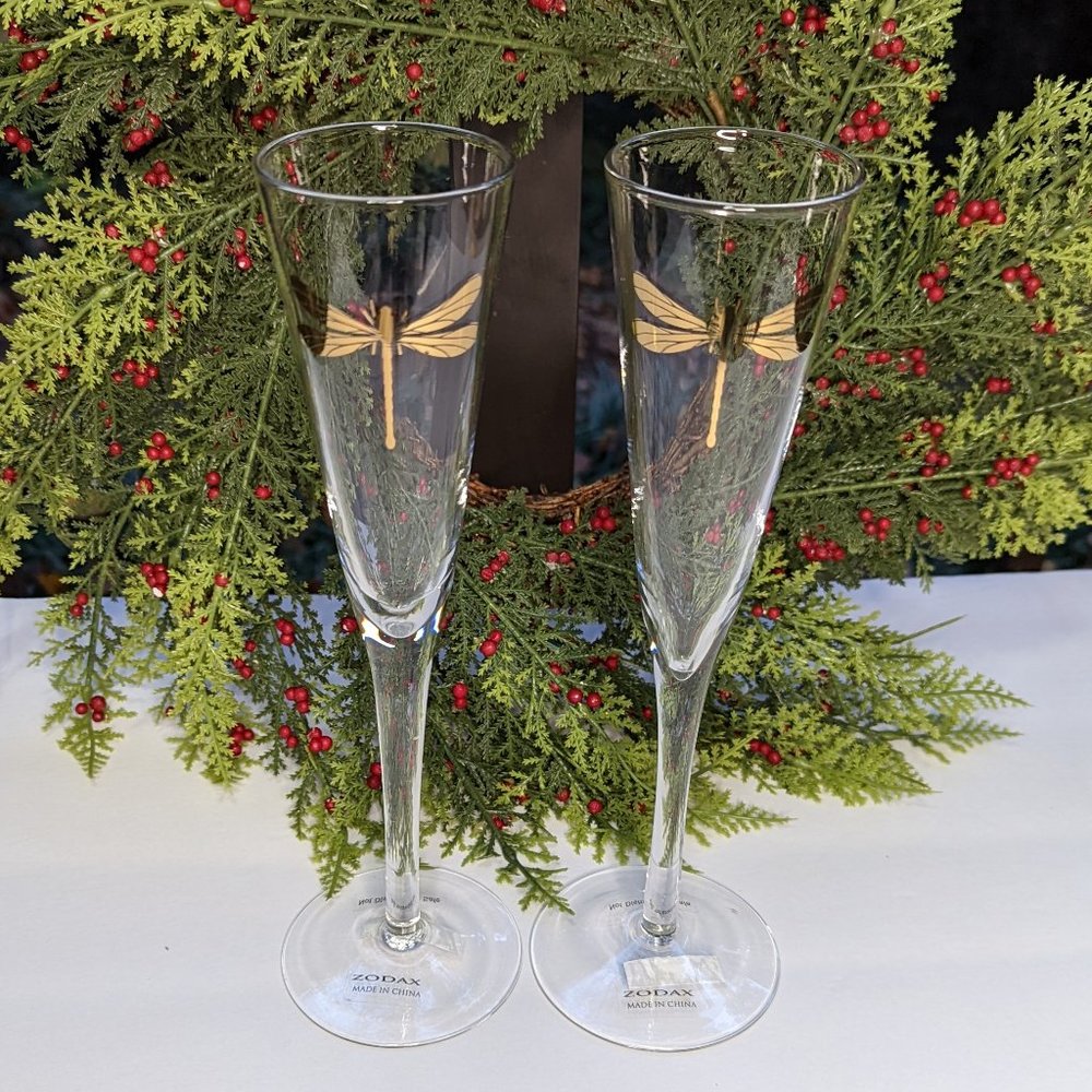 ZODAX Libelle Golden Dragonfly Champagne Flutes Set of Two Brand New - Picture 4 of 7